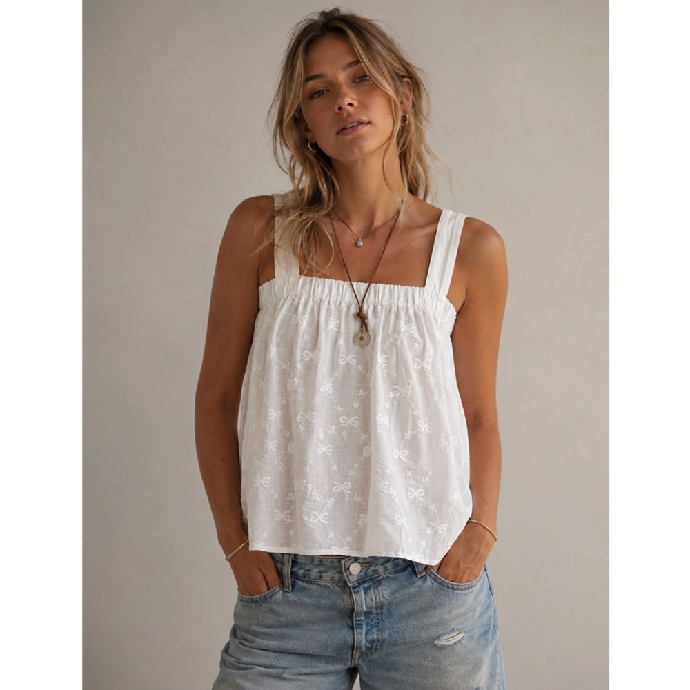 NWT Passport Eyelet Bow Embroidered Peplum Tank Top L White Cotton Coquette Boho